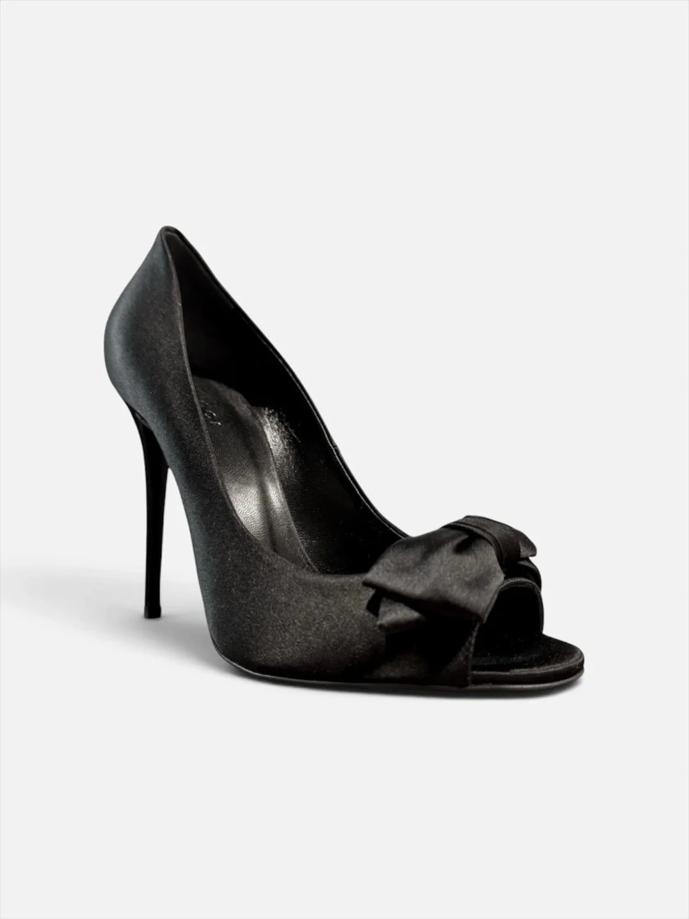 Gucci Black Satin Bow Heels Open Toe Pumps NIB EU 38.5 Fits US 9